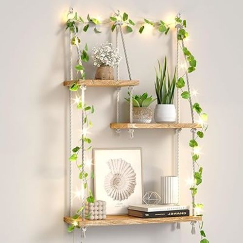 Hanging Shelves for Wall,Macrame Hanging Plant Shelf with Vine Lights 3 Tier Rope Floating Shelf Wood Organizer Storage Rack Boho Wall Decor Aesthetic for Succulents Bedroom Bathroom Kitchen