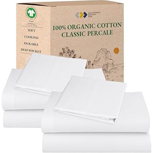 California Design Den 2-Pack Twin Sheets Set - 100% Organic Cotton, Crisp and Breathable Percale Feel, Deep Pocket White Bed Sheets, Lightweight Bedding Set - White