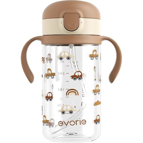 Evorie Tritan Spill Proof Toddler Straw Sippy Cup, 10 oz for Baby and Toddlers 1-3 Years Old, No Spill Straw Water Bottle with Removable Handles, Ideal for School, BPA-Free, Choco Car (New)