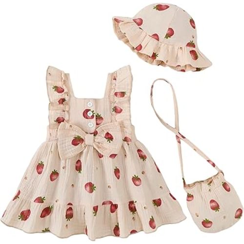 Renotemy Newborn Infant Baby Girl Dresses Summer Outfits Boho Casual Sundress Gifts Toddler Clothes for Girl with Hat and Bag