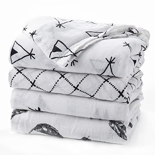 upsimples Baby Swaddle Blanket Unisex Swaddle Wrap Soft Silky Muslin Swaddle Blankets Neutral Receiving Blanket for Boys and Girls, Large 47 x 47 inches, Set of 4-Arrow/Feather/Tent/Crisscross