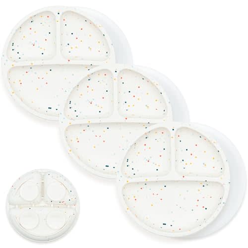 WeeSprout Suction Plates for Babies With Lids & Toddlers - 100% Silicone, Dinnerware Stays Put, Divided Design for Picky Eaters, Microwave & Dishwasher Friendly, 3 Pack