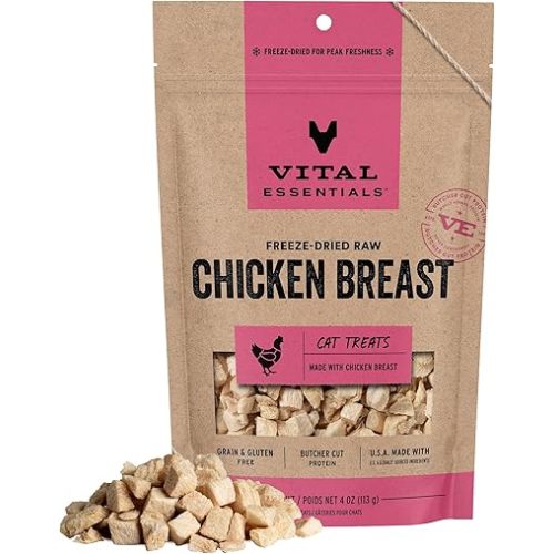 Vital Essentials Freeze Dried Cat Treats | Chicken Breast, Single Ingredient | Premium Quality | Grain Free, Healthy Treats for Cats, 4 oz Bag