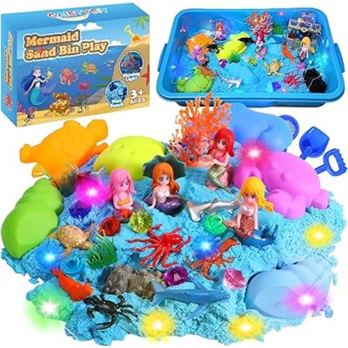 GAIETYDIY Mermaid Sensory Bin for Girl, Magic Sand Art Kit with LED Light, 2.2lbs Sensory Sand, Ocean Sea Animals, Sand Box with lid, Mermaid Toy Christmas Birthday Gift for Girls Ages 3 4 5 6 7 8…
