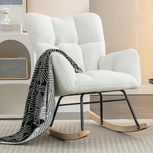 Nursery Rocking Chair, Teddy Upholstered Glider Rocker Chair with High Backrest, Leisure Glider Chair with Metal Legs, Accent Armchair, Reading Chair for Living Room (White)