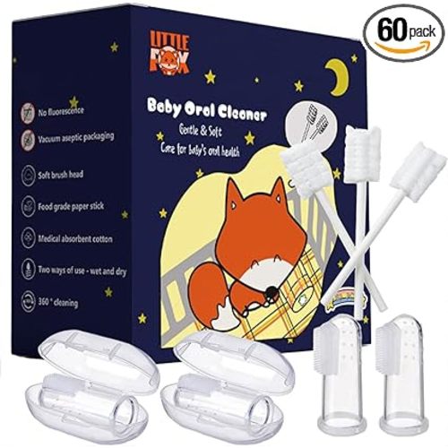 [60 Pcs] Little Fox Baby Oral Cleaner +2 Pcs Finger Toothbrush with Cases, Baby Tongue Cleaner, Newborn Toothbrush, Disposable Tongue and Gum Cleaner, Infant Oral Care and Cleaning for 0-36 Month Baby