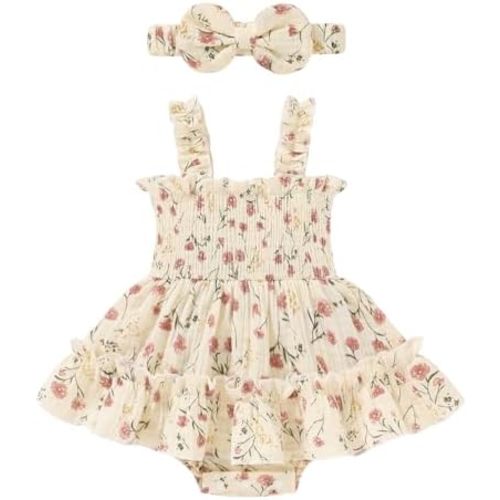 Happy Town Infant Baby Girl Clothes Toddler Summer Sleeveless Romper Dress with Headband Newborn Jumpsuit Outfits