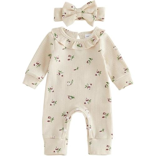 Infant Baby Girl Fall Outfit Romper Floral Print Ruffled Trim Crew Neck Long Sleeve Jumpsuit Newborn Waffle Clothes