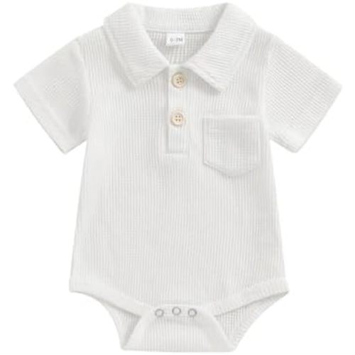Lesimsam Newborn Baby Boy Clothes Waffle Knit Button Up Shirt Romper Solid Short Sleeve Collared Bodysuit One-Piece Outfit