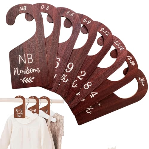 WUXTANGZ Baby Closet Dividers, Hanging Wooden Double-Sided Nursery Decor Closet Dividers for Baby Clothes, Baby Clothes Dividers for Newborn to 24 Months Size Clothes (Brown, 8pcs)