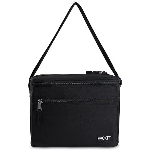 PackIt Freezable Essential Cooler, Black, Built with ECOFREEZE Technology, Fully Freezable, Collapsible, Reusable, With Removable Crossbody Strap, Top Clip Handle, Designed for Fresh Office
