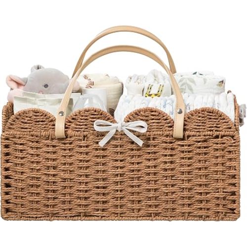HBlife Large Baby Diaper Caddy, Paper Rope Storage Baskets Nursery Bin with Removable Divider, Portable Car Organizer for Diapers, Baby Shower Gifts, Newborn Essentials Must Haves