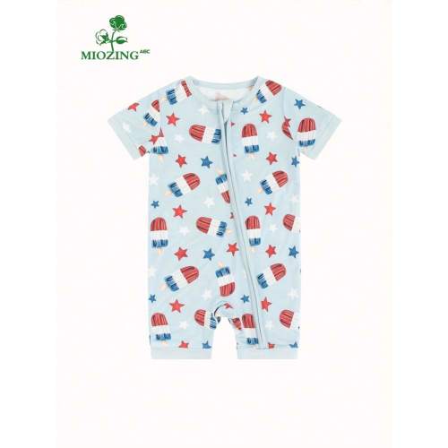 Bamboo Fiber Baby Romper - Soft & Stretchy Short Sleeve Zip-Up Jumpsuit With Blue Ice Cream & Stars Print, Breathable Summer Outfit For Infants, Machine Washable, Perfect For Outdoor Activities, Summer Baby Outfit | SHEIN USA