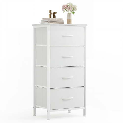 CONCETTA 4 Drawer Dresser, Wide Chest Drawers Nightstand Storage Tower Storage Fabric Dresser With Wood Top for Living Room, Bedroom, Closet, White
