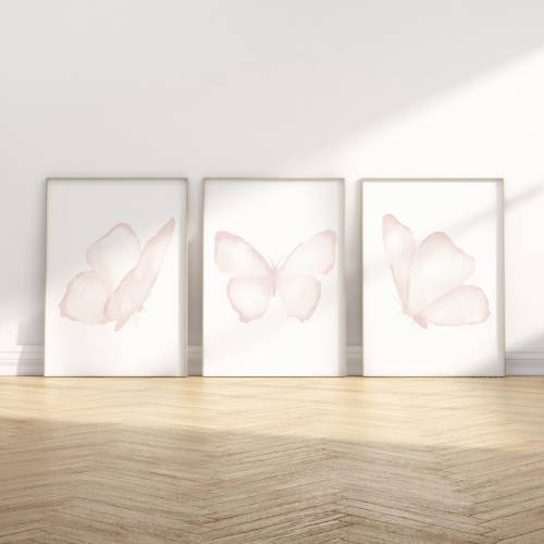 Soft Pink Butterfly Prints – Watercolor Nursery Wall Art Trio, Set of 3