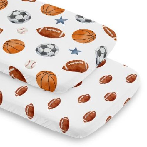 Sweet Jojo Designs Boy Baby Bassinet Fitted Sheets Set Watercolor Sports Theme Blue Brown and Orange 2pc