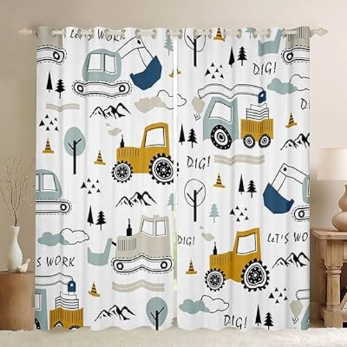 Feelyou Cartoon Car Kids Curtains for Bedroom Living Room Construction Darkening Dreapes Equipment Trucks Comter Cartoon Car Excavator Tractor White Yellow Window Treatments (2 Panels, 42 x 63 Inch)