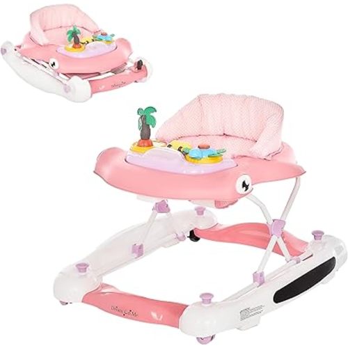 Dream on Me 2-in-1 Aloha Fun Baby Walker in Pink, Easily Convertible Baby Walker, Adjustable Three Position Height Settings, Easy to Fold and Store