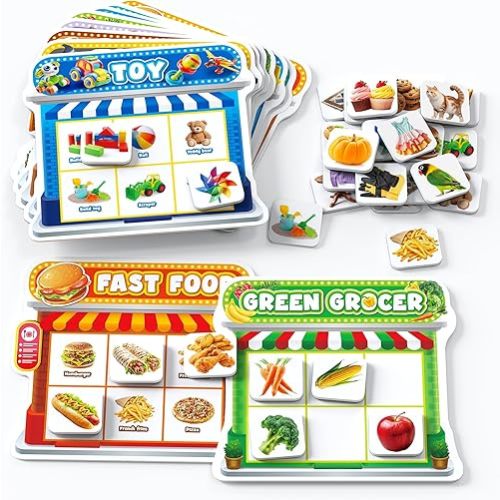 Coogam Magnetic Sorting Toys, Montessori Fridge Magnets Matching Game, Food Pets Grocery Furniture Category Recognition, Educational Learning Fine Motor Toy Gift for Toddler Ages 3-8