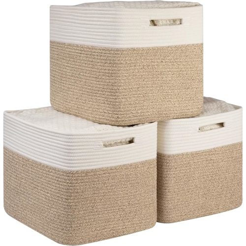 OIAHOMY 13 Inch Cube Storage Bins, 3-Pack Cotton Rope Woven Baskets for Organizing, Insert Storage Baskets for Shelves, Baby Nursery, Closet Organizer, 15 * 13 * 12.6IN, Brown & White