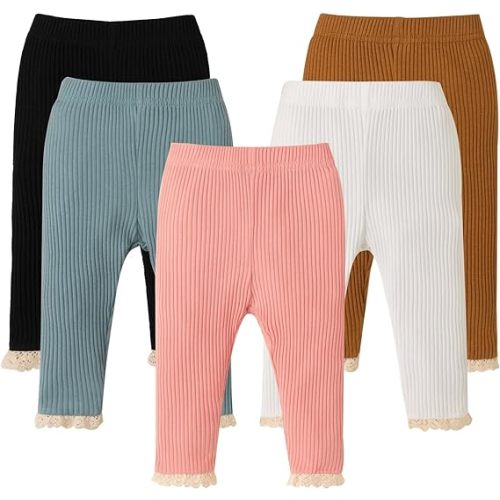 DREAM BUS 5 Pack Baby Girl Pants Toddler Girl Solid Ribbed Pants with Lace Trim Newborn Cotton Leggings Infant Jogger Pants