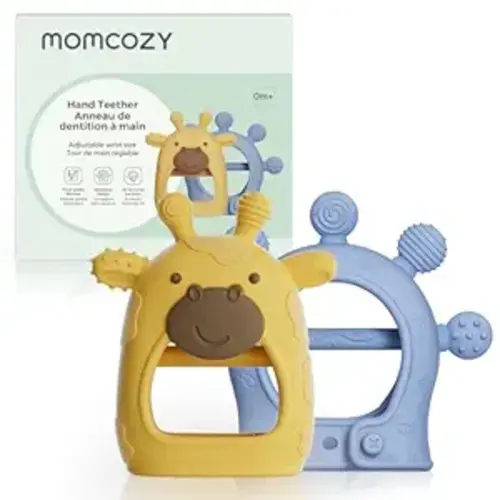 Momcozy Baby Teether Toys | Food Grade Silicone Teething Relief 0-6 Months | Toy 6-12 Months | Baby Essential | Yellow and Blue
