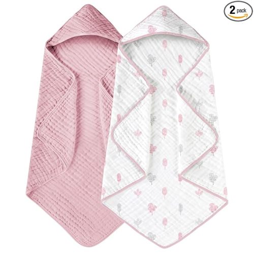 Yoofoss Hooded Baby Towels for Newborn 2 Pack 100% Muslin Organic Cotton Baby Bath Towel with Hood for Babies, Infant, Toddler and Kids, 32x32Inch, Soft and Absorbent Newborn Essential,Pink&Wh Leaf