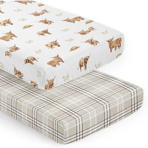 Sweet Jojo Designs 2-Piece Baby Crib Sheets Set (Boho Highland Cow) for Girls or Boys, Infant Nursery, Toddler Room - Fitted, Standard Size (Taupe Plaid and Farm Animal, Watercolor, Rustic Farmhouse)