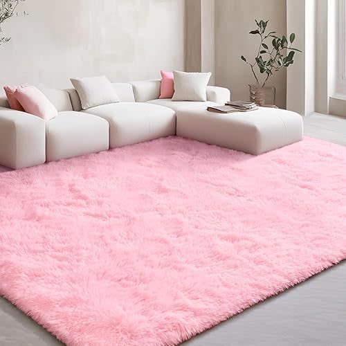 EVOIONOS Ultra Soft Area Rug for Bedroom, 4x6 Machine Washable Fluffy Shag Rug for Living Room, Plush Non Slip Carpet for Indoor Floor Bedside Nursery Kids Girls Room Dorm, Home Decor Aesthetic, Pink