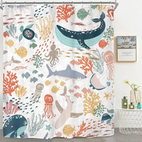 Riyidecor Kids Sea Animal Shower Curtain for Bathroom Decor 60Wx72H Shark Fish Funny Cartoon Underwater Ocean Colorful Nature Turtle Whale Art Printed Fabric Polyester Waterproof 12 Pack Plastic Hooks