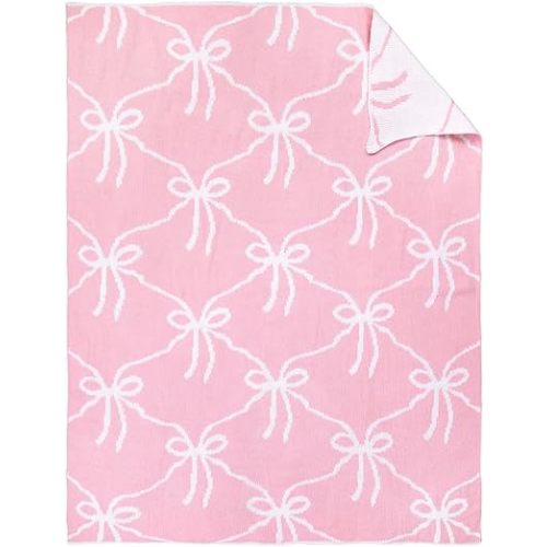 Pink Bow Knit Swaddle Blanket for Girls, Cotton Soft Cozy Lightweight Receiving Swaddle Crib Stroller Blanket for Shower Gift Registry for Newborns Infants Toddlers, 30 x 40 Inches