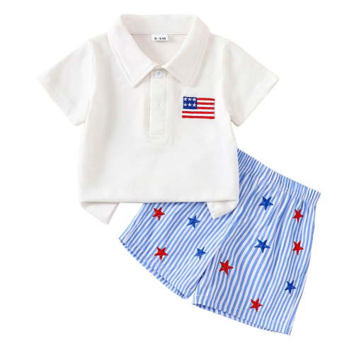TOWED22 4th of July Baby Boy Outfit Toddler USA Flag Polo Shirts Gingham Plaid/Stripes Shorts Set Independence Day Clothes(White,0-6 M)