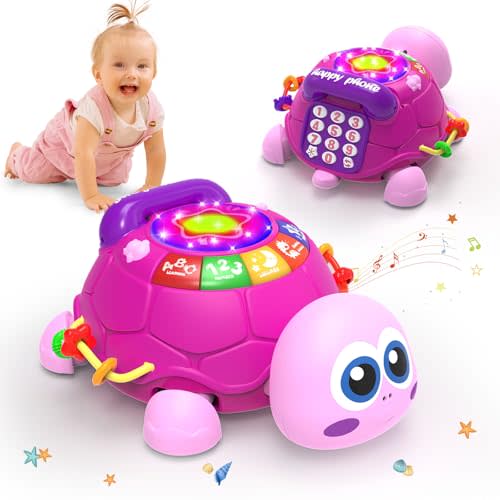 Hanayo Baby Musical Turtle Crawling Girl Toys for 6-18 Months，Infant Early Learning Educational Toy，Baby Girl Gift Essentials for Newborn 7 8 9 11+ Months 1-2 Year Old(Pink)