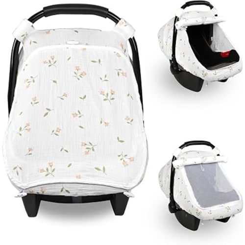 SWESEN Muslin Car Seat Cover Baby, Summer Baby Carseat Covers for Girls, Easy Access carseat Canopy Snug Fit Baby Stroller, Dual-Layer Protection, Cooling Mesh & Roll-Up Sun Shade, Floral