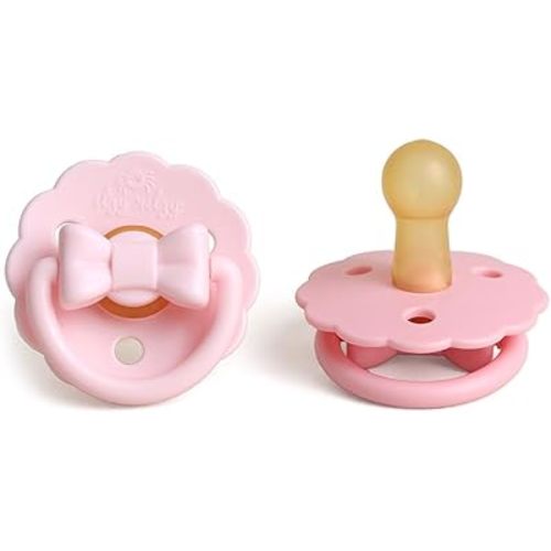 Itzy Ritzy Natural Rubber Pacifiers – Baby Pacifiers with Cherry-Shaped Nipple & Large Air Holes for Added Safety - Set of 2 Binkies in Light Pink & Dark Pink Bows (Ages 6-18 Months)