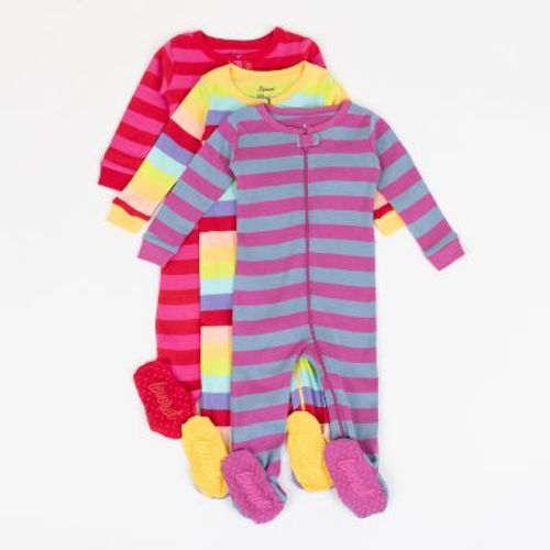 Leveret Girls Cotton Baby Footed Pajamas – 3 Pack – Bright Girl Stripes Sleepers 0-3 Month