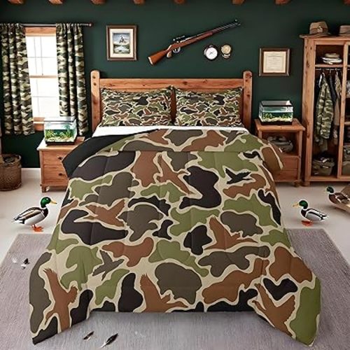 Feelyou Duck Hunter Green Camouflage Hunting Comforter Set Toddler Size Kids Black Brown Comforter for Boys Teens Camo Army Bedding Set Breathable Wild Duvet Set Room Decor Quilt Set