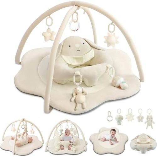 3-in-1 Baby Play Mat & Baby Seats for Infants for Sitting Up, Tummy Time Gym Activity Mat with 5 Detachable Toys, for Babies 0-6-12-18 Months, Newborn Babies Shower Gifts(Beige)
