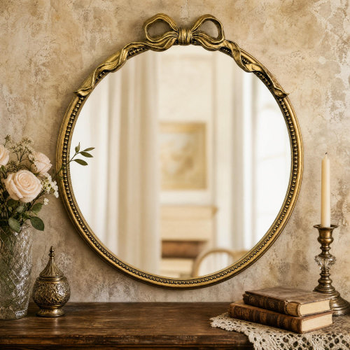 Astoria Grand Antique Gold Round Wall Mirror with Bow Accent, Vintage Decorative Mirror for Bedroom | Wayfair