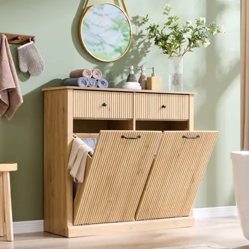 Modern Tilt-out Laundry Hamper Cabinet with Drawers, Fluted Laundry Storage Basket for Bathroom - Natural with Double Doors