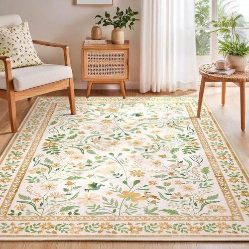SHACOS 5x7 Boho Rugs for Living Room, Machine Washable Area Rugs for Bedroom Non Slip Floral Soft Nursery Carpet for Playroom Entryway Dining Room, Beige