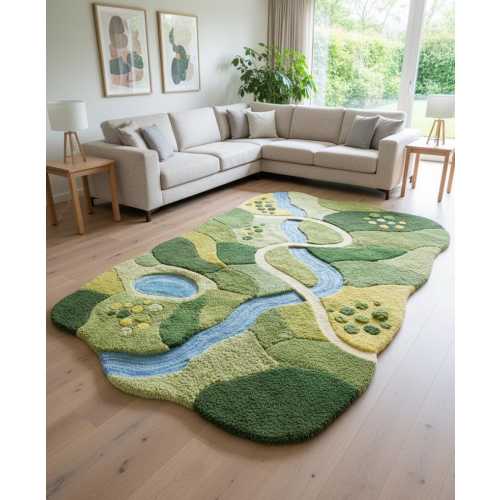 Hand Tufted Wool Landscape Rug – Organic River Flow Nature Design