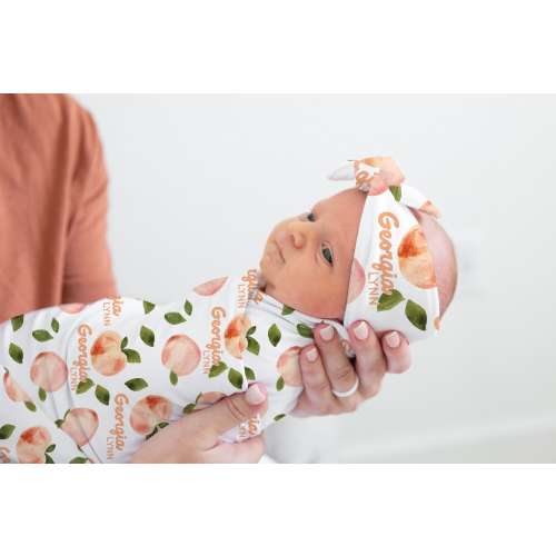 Peaches Swaddle Set, Personalized Baby Blanket, Peaches Swaddle Blanket, Baby Shower Gift, Georgia Peach Baby Blanket, Peach blanket F49