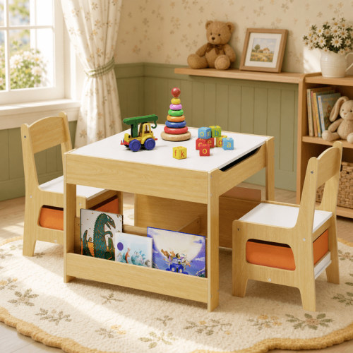 Aiho 3 Piece Child Table and Chair Set, 4-in-1 Kids Table Set, Child Activity Desk with Chalkboard/Whiteboard and Bookshelf - Retro