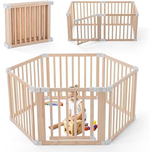 Foldable Wooden Playpen, Large Baby Play Yard with Locking Gate for Babies and Toddler 1-3 Year, Portable Playpen for Activity Center Indoor Outdoor(Wood, 6 Panel)