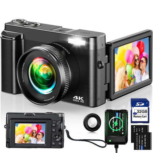 ACTITOP Digital Camera 4K Vlogging Camera for Youtube with 180° Flip Screen,32GB SD Card,48MP 16X Zoom,Autofocus Video Camera for Travel,TikTok