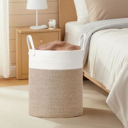 Cotton Rope Laundry Basket, 21.1 Gal Natural Fiber Hamper with Handles, for Kids' Toys Clothing Bedroom Living Room, White & Grayish Brown