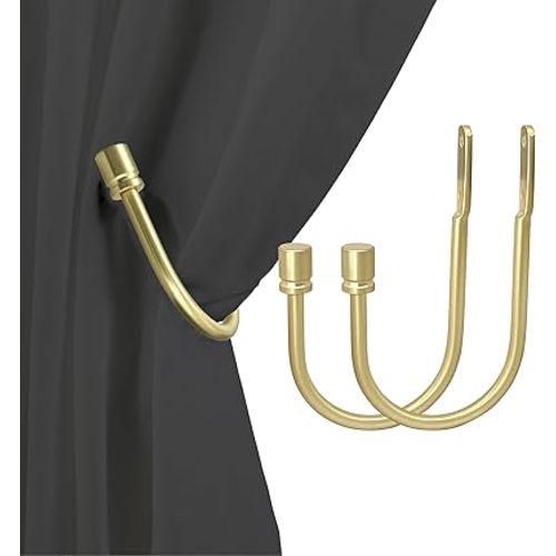 2 PCS Curtain Holdbacks, Metal Decorative Curtain Tiebacks with End Cap Finials, Wall Mounted Window Drapery Holdback Hooks for Living Room, Bedroom and More, Brushed Brass