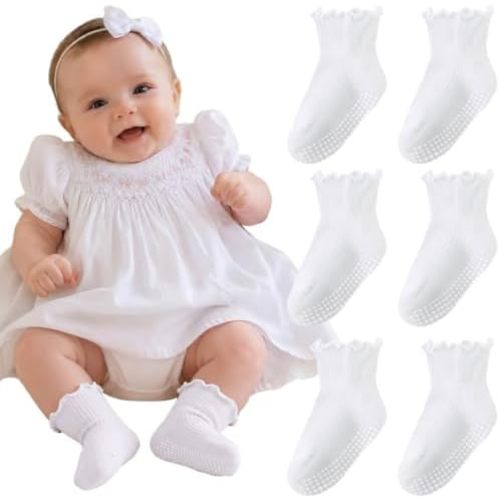 BQUBO Baby Girl Ruffle Socks with Grips Ankle Frilly Sock Newborn Infant Toddlers Kids Girl Dress Sock 0-5 Years