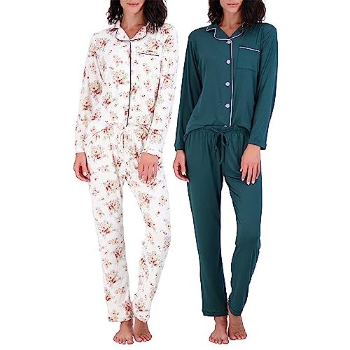 Real Essentials 2 Pack: Women's Pajamas Set Button Down Pants Soft Matching Sleepwear (Available In Plus)